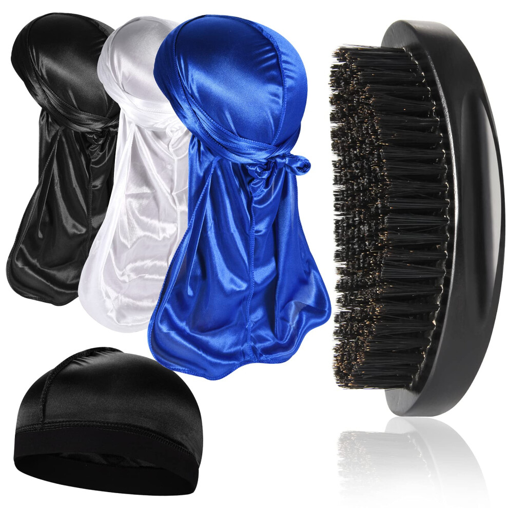 Durag soyeux 3 pièces avec brosse ondulée pour hommes Kits de brosses à cheveux moyennes/dures incurvées à 360  E