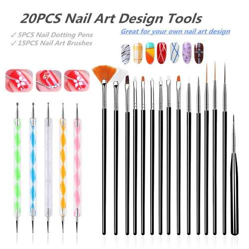 FULINJOY 20PCS Εργαλεία Σχεδίασης Νυχιών, 15PCS Σετ Πινέλων (Μαύρο) με 5PCS Πένσες Σημείωσης 2