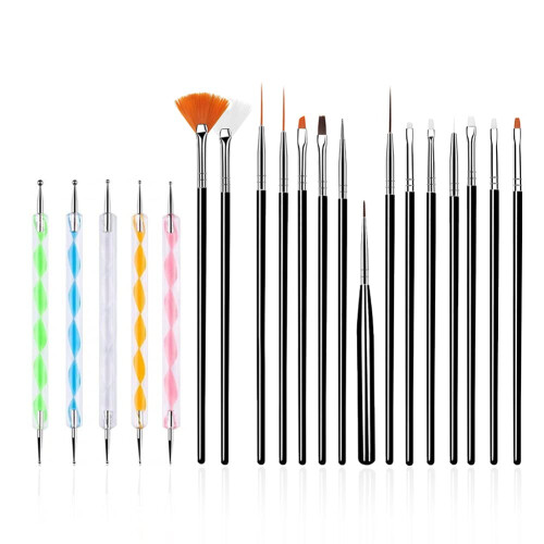 FULINJOY 20PCS Εργαλεία Σχεδίασης Νυχιών, 15PCS Σετ Πινέλων (Μαύρο) με 5PCS Πένσες Σημείωσης