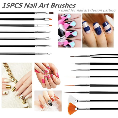 FULINJOY 20PCS Εργαλεία Σχεδίασης Νυχιών, 15PCS Σετ Πινέλων (Μαύρο) με 5PCS Πένσες Σημείωσης 1