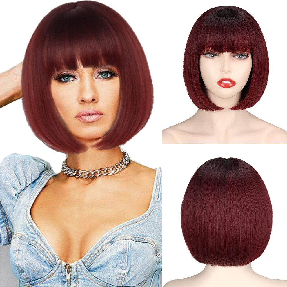 Vuelta Werd Short Wine Red Bob Wig With Bangs Straight Burgundy Wig Bob For Women Short Straight Natural Looking For Daily And Party