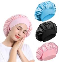 3 Pack Satin Bonnet Night Sleep Caps with Wide Elastic Band Silk Wrap Soft Head Cover Sleeping Hat for Women and Girls Curly Hair (Pink B