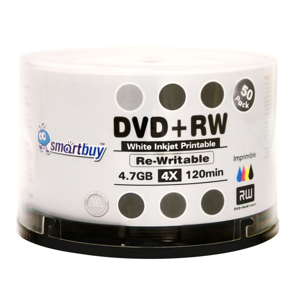 50 Pack Smartbuy Blank Dvd+Rw 4X 4.7Gb 120Min Inkjet Hub Printable Rewritable Dvd Media Disc White 846122032228