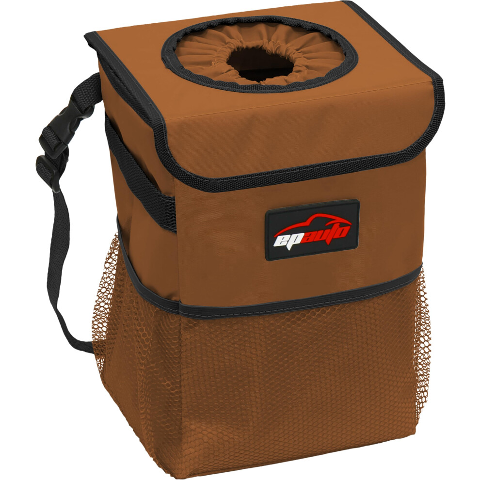 Epauto Waterproof Car Trash Can With Lid And Storage Pockets Brown 840323203197