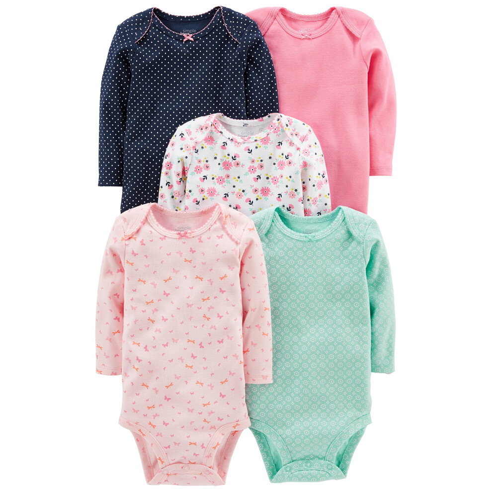 Lot de 5 bodies à manches longues pour bébé fille Simple Joys by Carter's, vert menthe/pois bleu marine/rose/papillons/fleuri, 18 mois
