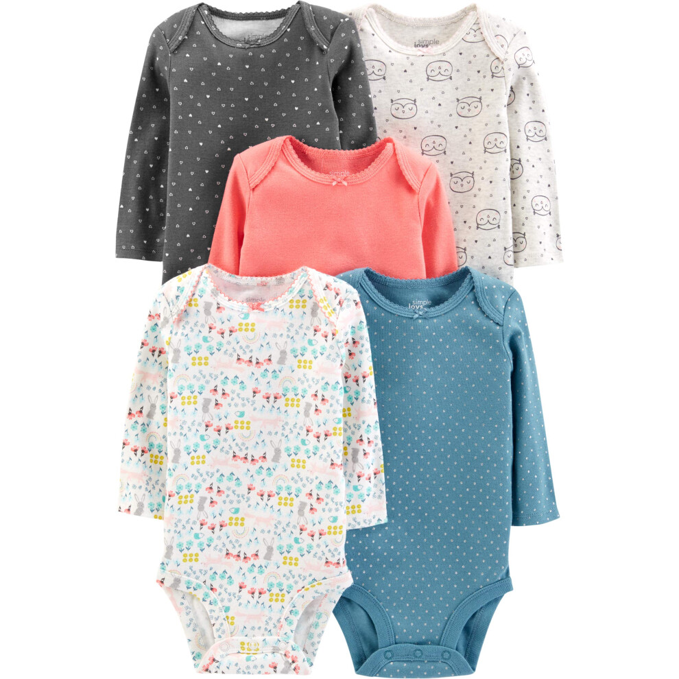 Lot de 5 bodies à manches longues pour bébé fille Simple Joys by Carter's, motif pois/fleurs/cœurs/hibou, 24 mois