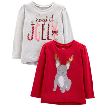 Dvojbalenie vianocn ch triciek s dlh m ruk vom Simple Joys by Carter's Baby, siv , vesel /cerven , s potlacou ps ka, 3T