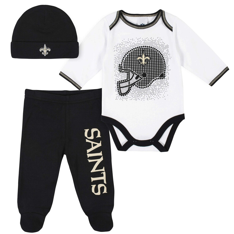 Gerber NFL New Orlean Saints 3 Pack Bodysuit Footed Pant and Cap Registry Gift Set  black/white New Orlean Saints  6-9M