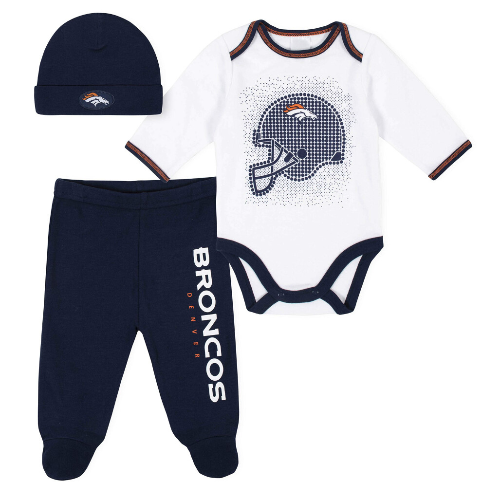 Gerber NFL Denver Broncos 3 Pack Bodysuit Footed Pant and Cap Registry Gift Set  Blue/White Denver Broncos  0-3M