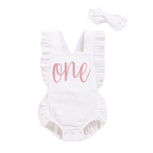 Shalofer Baby Piger F?rste F?dselsdags Outfit Et ?r gammel F?dselsdag Romper S?d Rygl?s Fl?ser Jumpsuit med pandeb?nd (hvid 18-24 m?neder)