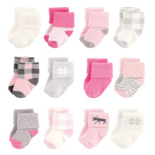 Hudson Baby Unisex Botton Botton nou-nascut ?i ?osete Terry Pink Moose 0-6 luni