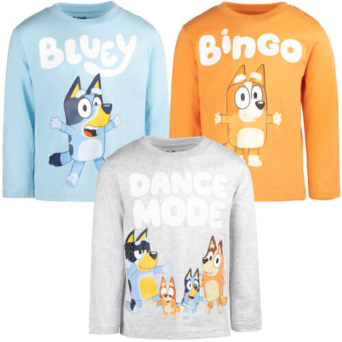 Bluey Bingo Παιδικά Μπλουζάκια 3 Πακέτο Μακρυμάνικα Γκρι/Μπλε/Πορτοκαλί 5T