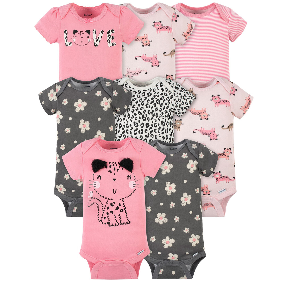 Gerber Baby 8-Pack Short Sleeve Onesies Bodysuits  Leopard Pink  Newborn