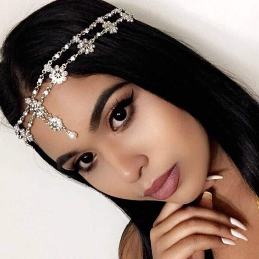 Unsutuo Bijoux de cheveux Chaîne de tête Mariage Bohème Bandeau floral élastique pour femmes et filles (Argent)