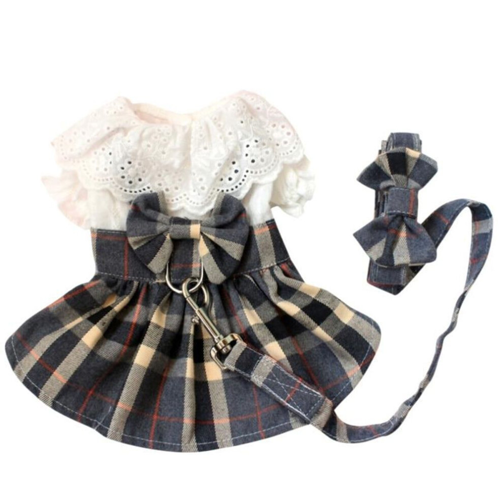 (gray, XS) Lattice Dog Dress And Leash Set Cute Bowknot Teddy Bichon Dog Harness Vest Spring Summer Cat Dress Chihuahua Pet Clothing