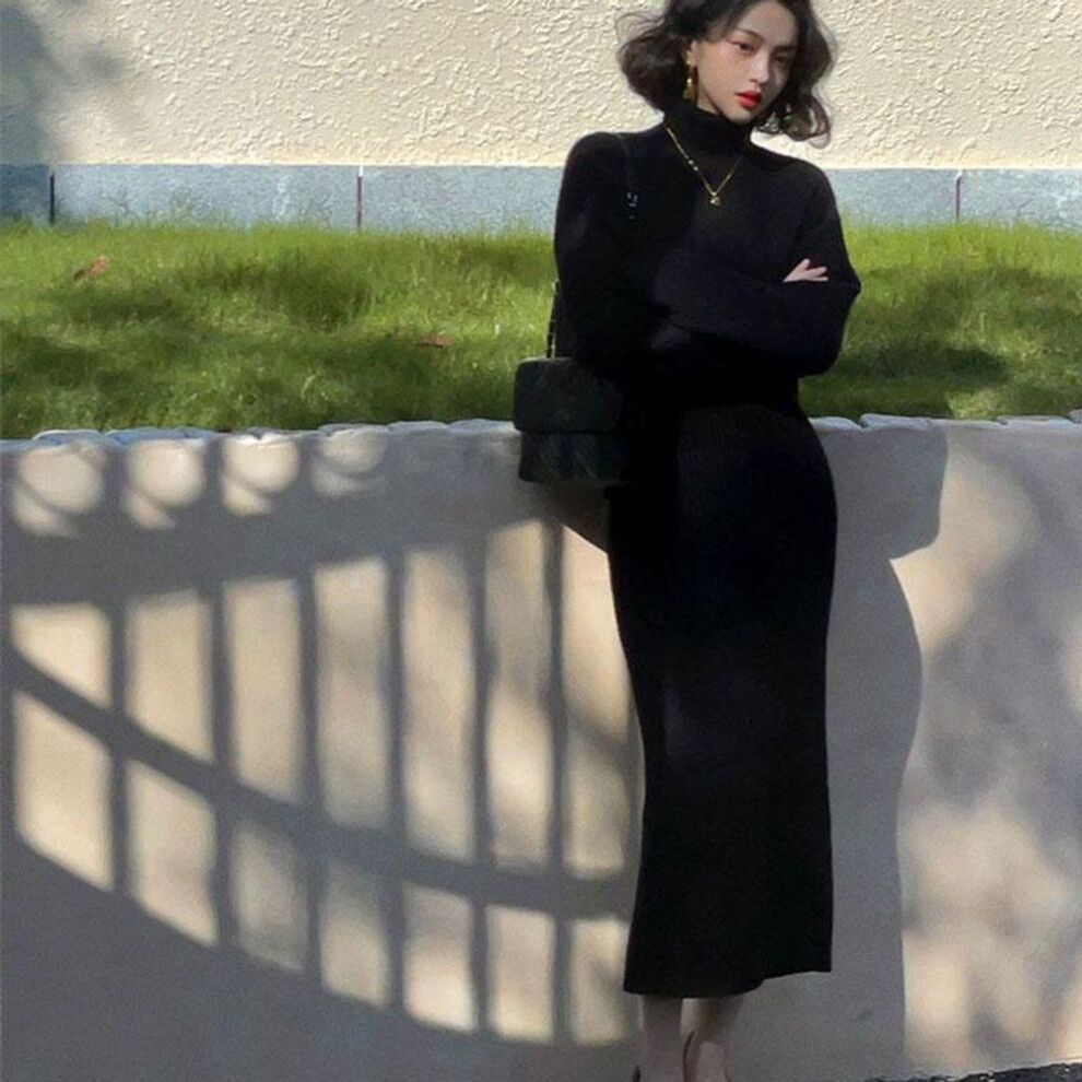 (One Size, black) Lazy autumn and winter new style temperament pullover sweater for women solid color thick knit gentle skin friendly warmth suit
