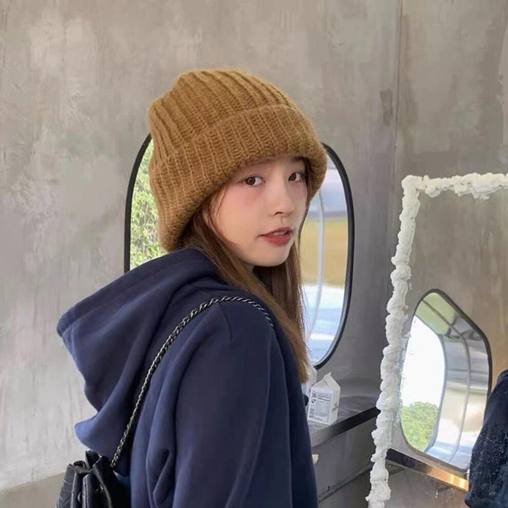 (brown) Japanese Wool Hat Female Autumn and Winter Knitted Hat Warm Ear Protection Big Head Loose Pile Hat