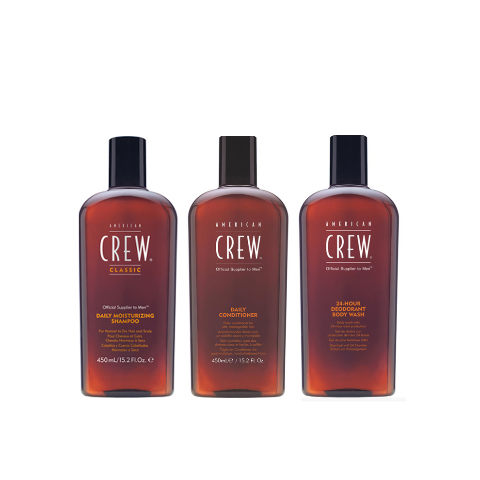 American Crew Daily Moisturizing Shampoo 450ml, Conditioner 450ml and Deodorant Body Wash 450ml