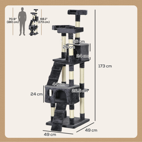 PawHut PawHut 173cm Cat Tower Scratching Post Activity Centre for Indoor Charcoal 2
