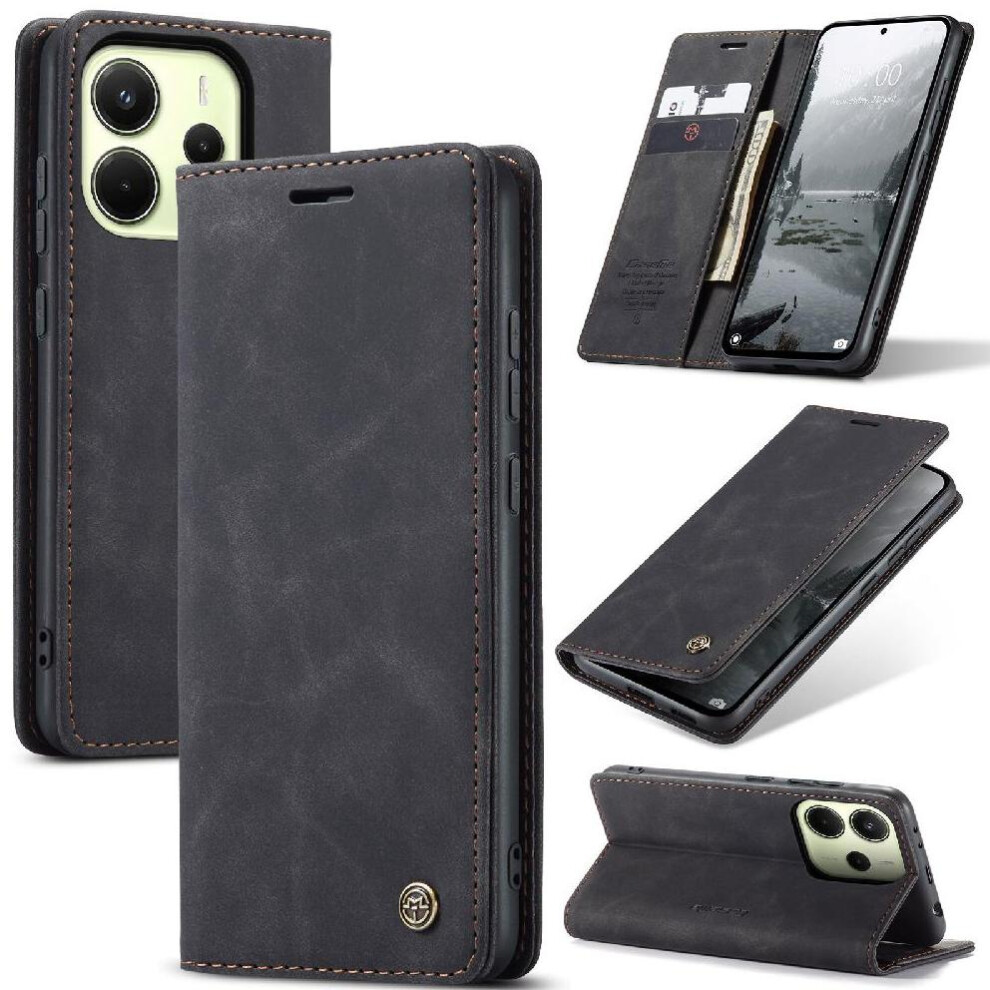 (Black) Flip Case For Xiaomi Redmi Note 14 4G Flip Folio Book Magnetic Closure Shockproof Vintage Pu Leather Wallet Case Card Slot Kickstand Black