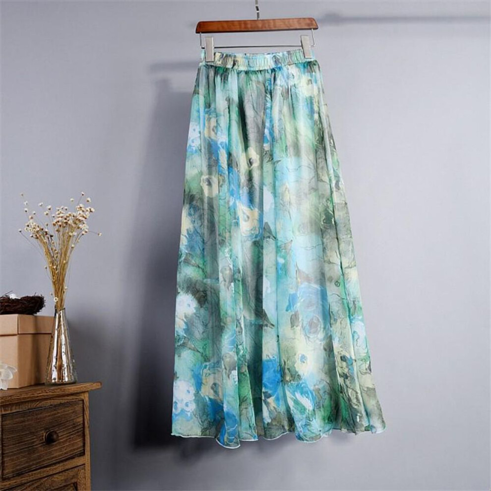 (one size, sky blue) Women Boho Floor-length Long Beach Party Loose Flare Vintage Bohemia Chiffon Floral Printed Skirts