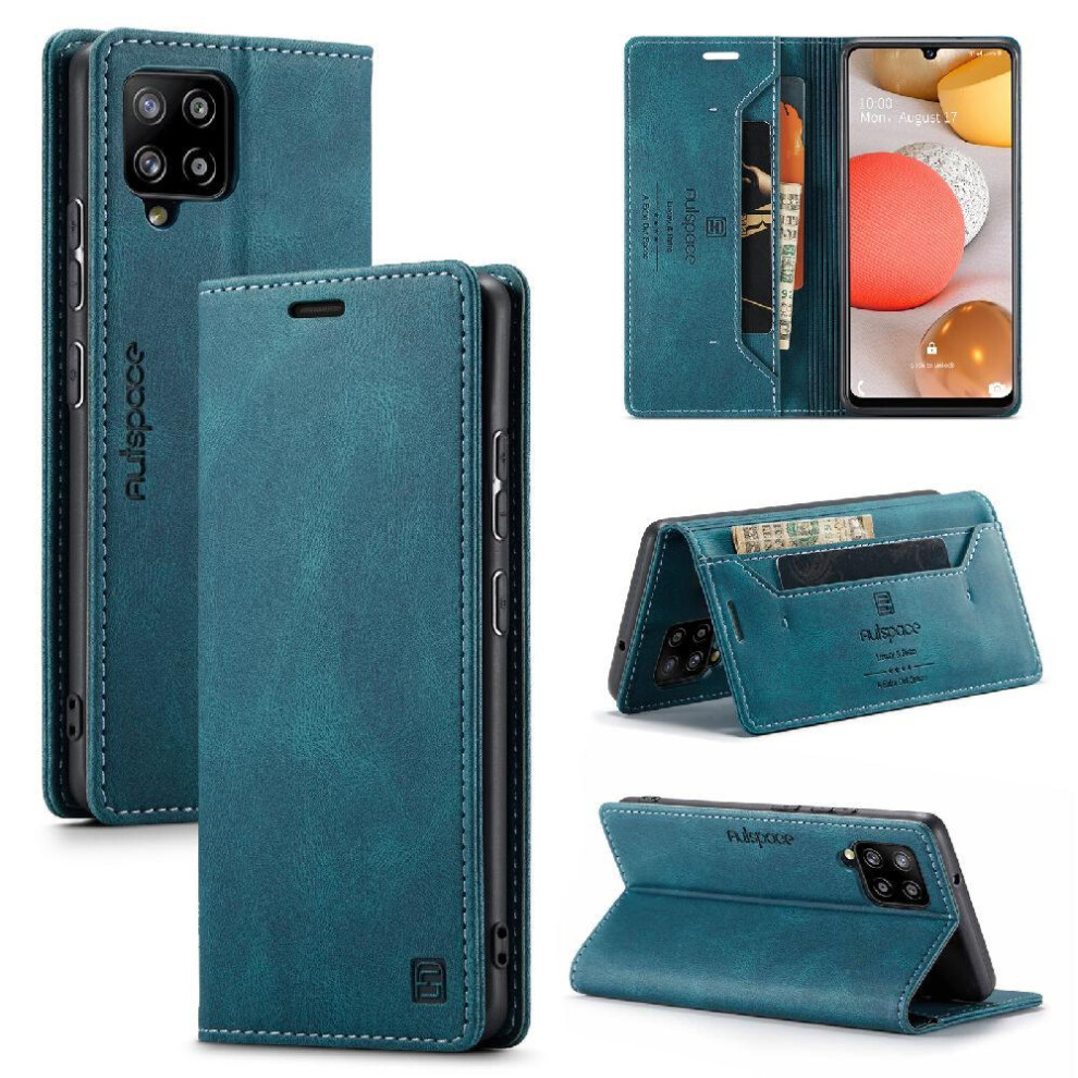 (Blue) Rfid Blocking Case For Samsung Galaxy A42 5G Card Holder Kickstand Magnetic Rfid Blocking Protective Cover Pu Leather Blue 764549462759