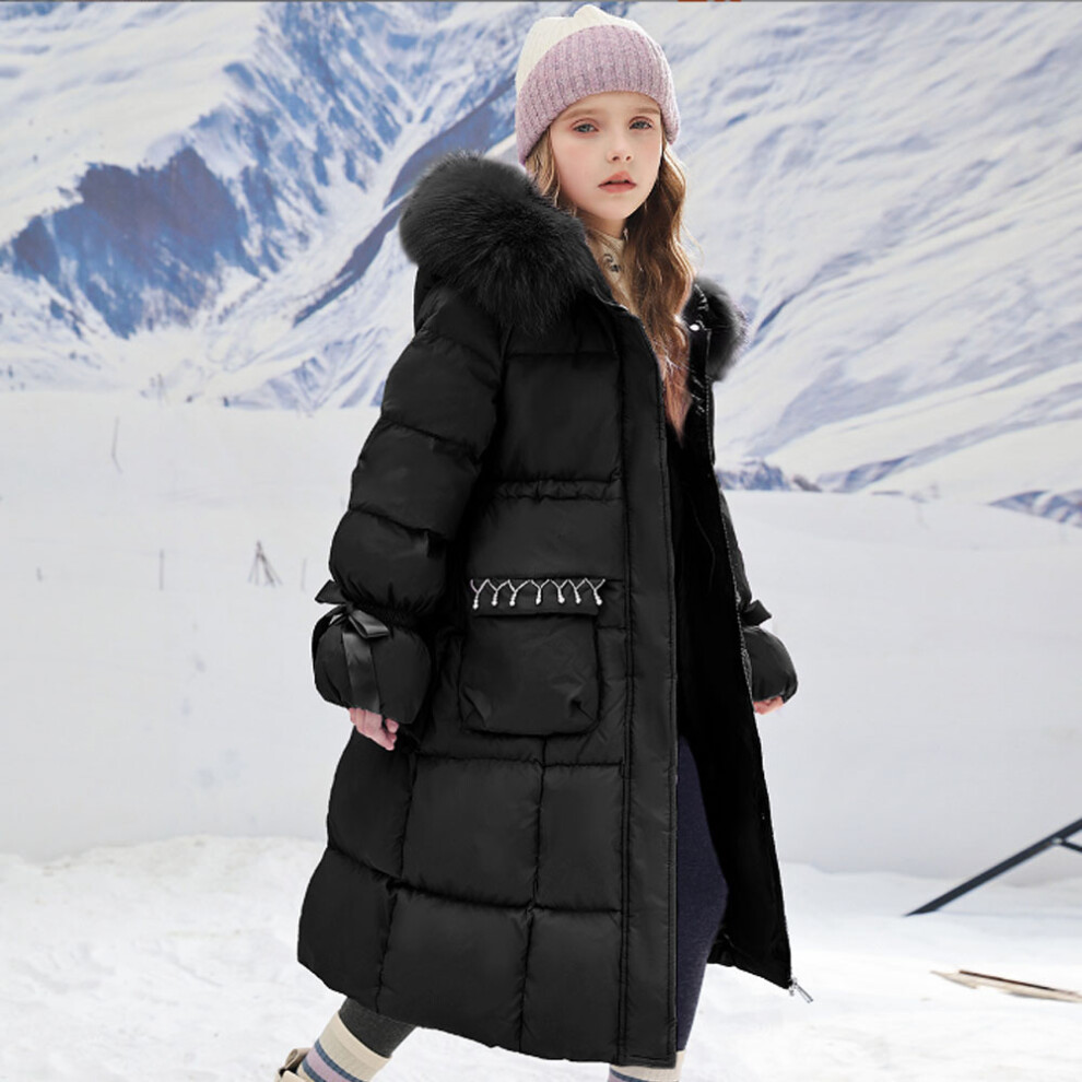 (Black, 9-10Years) Kids Girls Coat Fur Hooded Parka Jacket Warm Long