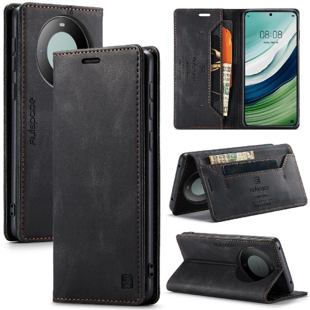 (Black) Rfid Blocking Case For Huawei Mate 60 Pro Card Holder Rfid Blocking Pu Leather Kickstand Magnetic Protective Cover Black 764549464739