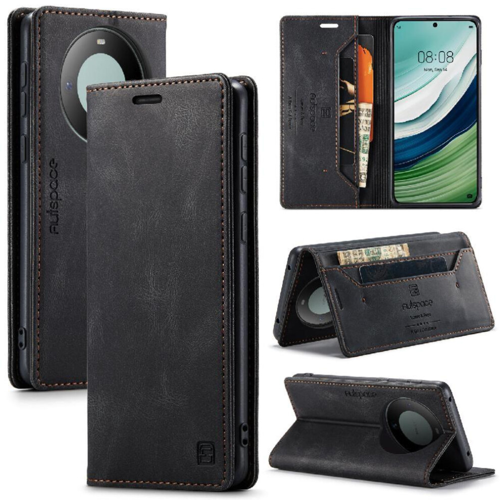 (Black) Rfid Blocking Case For Huawei Mate 60 Kickstand Magnetic Protective Cover Card Holder Pu Leather Rfid Blocking Black 764549464777