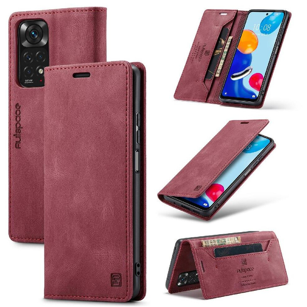 (Red) Rfid Blocking Case For Xiaomi Mi Note 11 4G Rfid Blocking Card Holder Pu Leather Protective Cover Kickstand Magnetic Red 764549466061