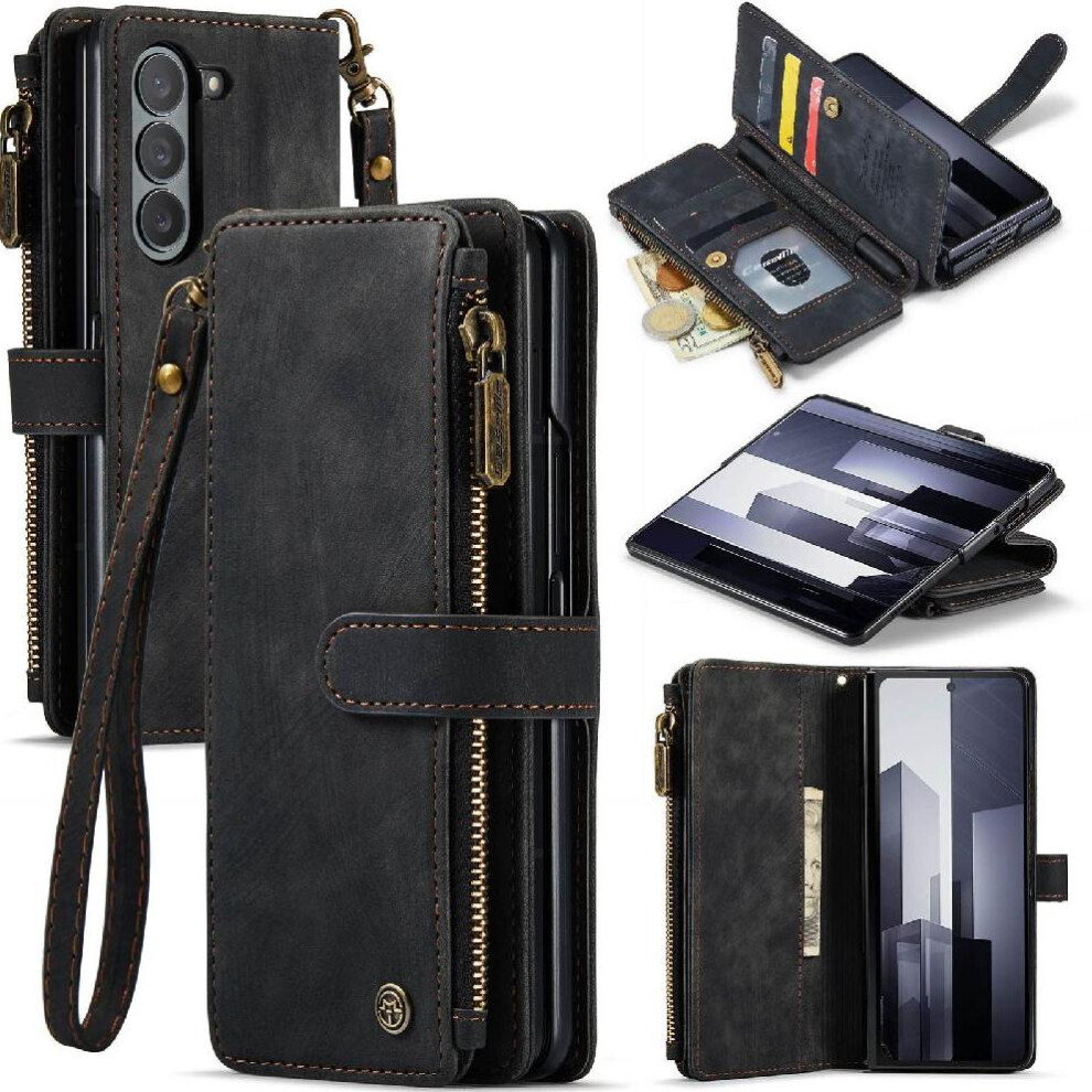 (Black) Flip Case For Samsung Galaxy Z Fold6 With Card Holder Drivers License Card Slots Drivers License Card Slots Black 764549469635