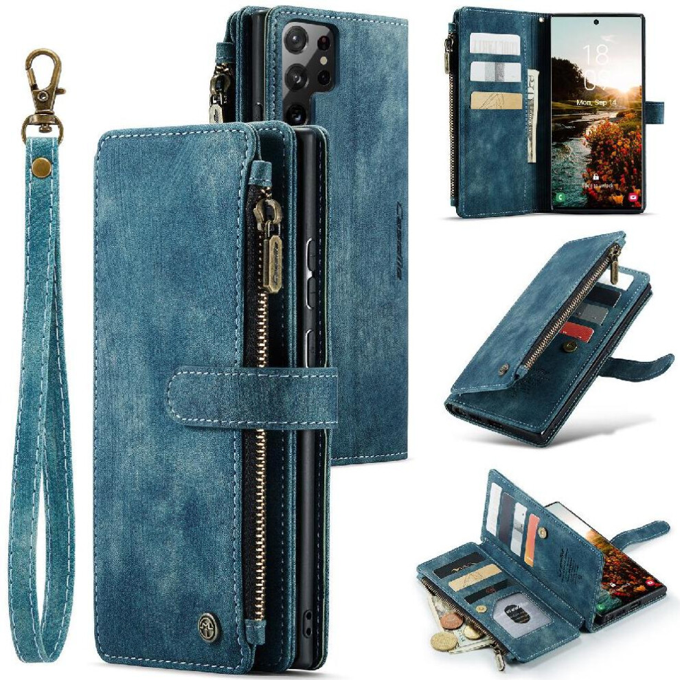 (Blue) Flip Case For Samsung Galaxy S22 Ultra 5G Drivers License Card Slots Drivers License Card Slots With Card Holder Blue 764549469680