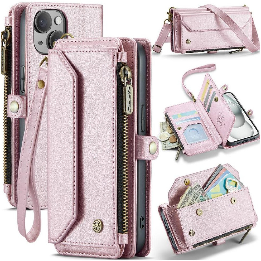 (Pink) Crossbody Flip Case For Iphone 15Plus Zipper Bills Slot Case Wallet Card Holder Rfid Blocking Pink 764549470174
