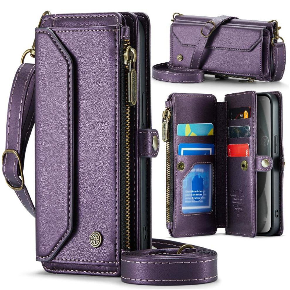 (Purple) Crossbody Flip Case For Iphone 15Plus Zipper Bills Slot Case Wallet Card Holder Rfid Blocking Purple 764549470150