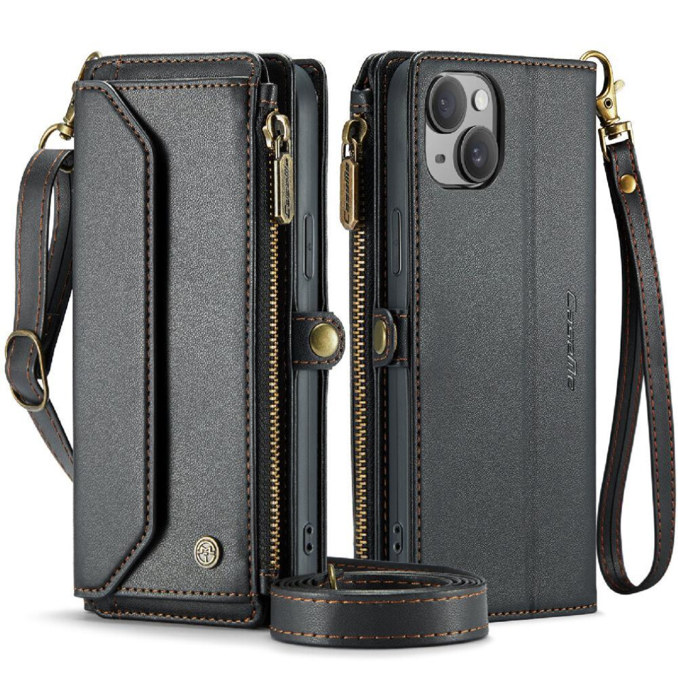 (Black) Crossbody Flip Case For Iphone 15Plus Zipper Bills Slot Case Wallet Card Holder Rfid Blocking Black 764549470143