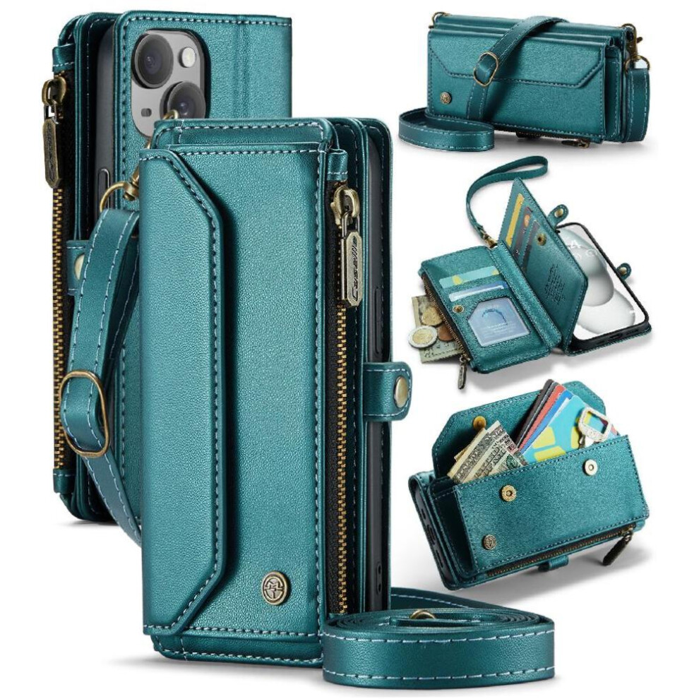(Green) Crossbody Flip Case For Iphone 15Plus Zipper Bills Slot Case Wallet Card Holder Rfid Blocking Green 764549470181