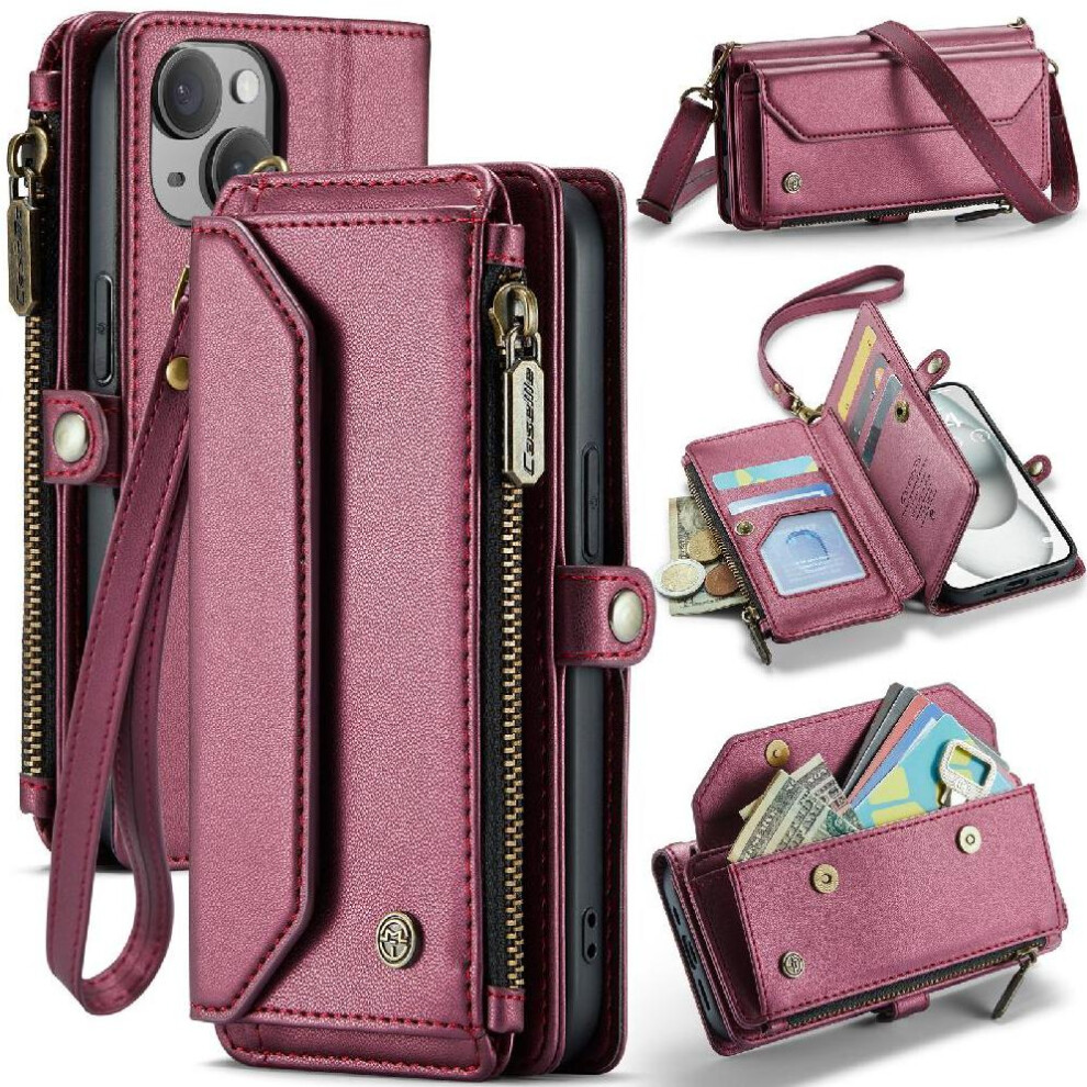 (Red) Crossbody Flip Case For Iphone 15Plus Zipper Bills Slot Case Wallet Card Holder Rfid Blocking Red 764549470167