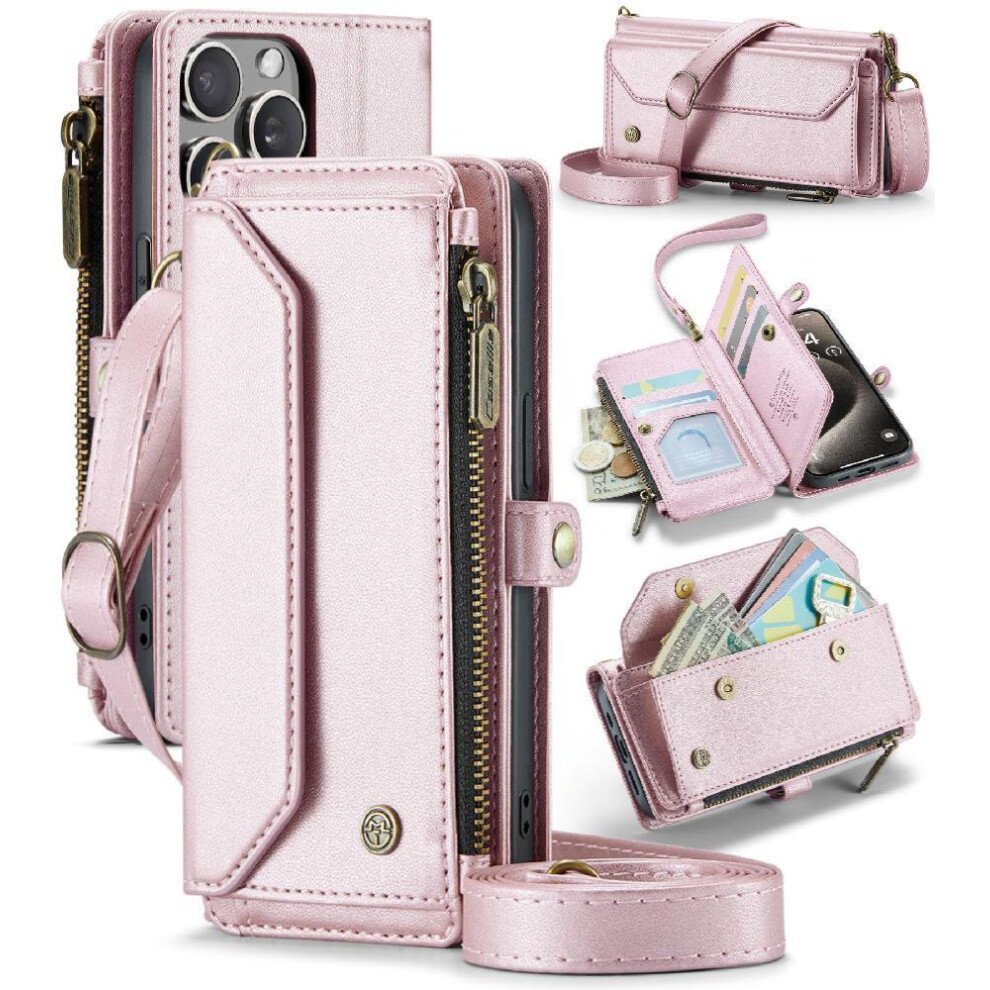 (Pink) Crossbody Flip Case For Iphone 15 Promax Zipper Bills Slot Card Holder Case Wallet Rfid Blocking Pink 764549470273
