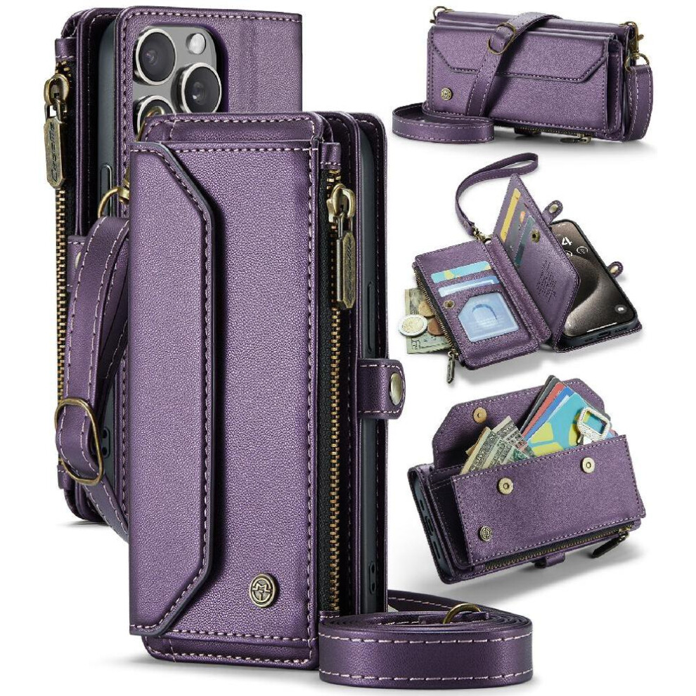 (Purple) Crossbody Flip Case For Iphone 15 Promax Zipper Bills Slot Card Holder Case Wallet Rfid Blocking Purple 764549470259