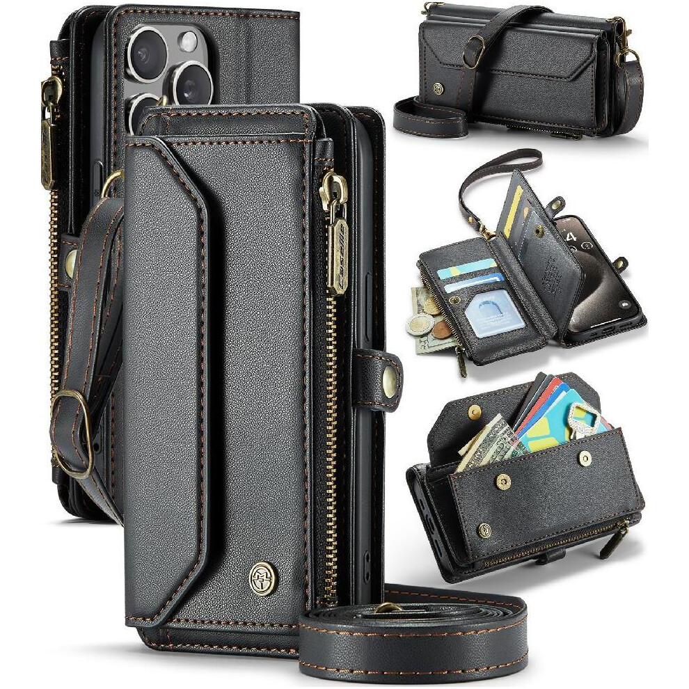 (Black) Crossbody Flip Case For Iphone 15 Promax Zipper Bills Slot Card Holder Case Wallet Rfid Blocking Black 764549470242
