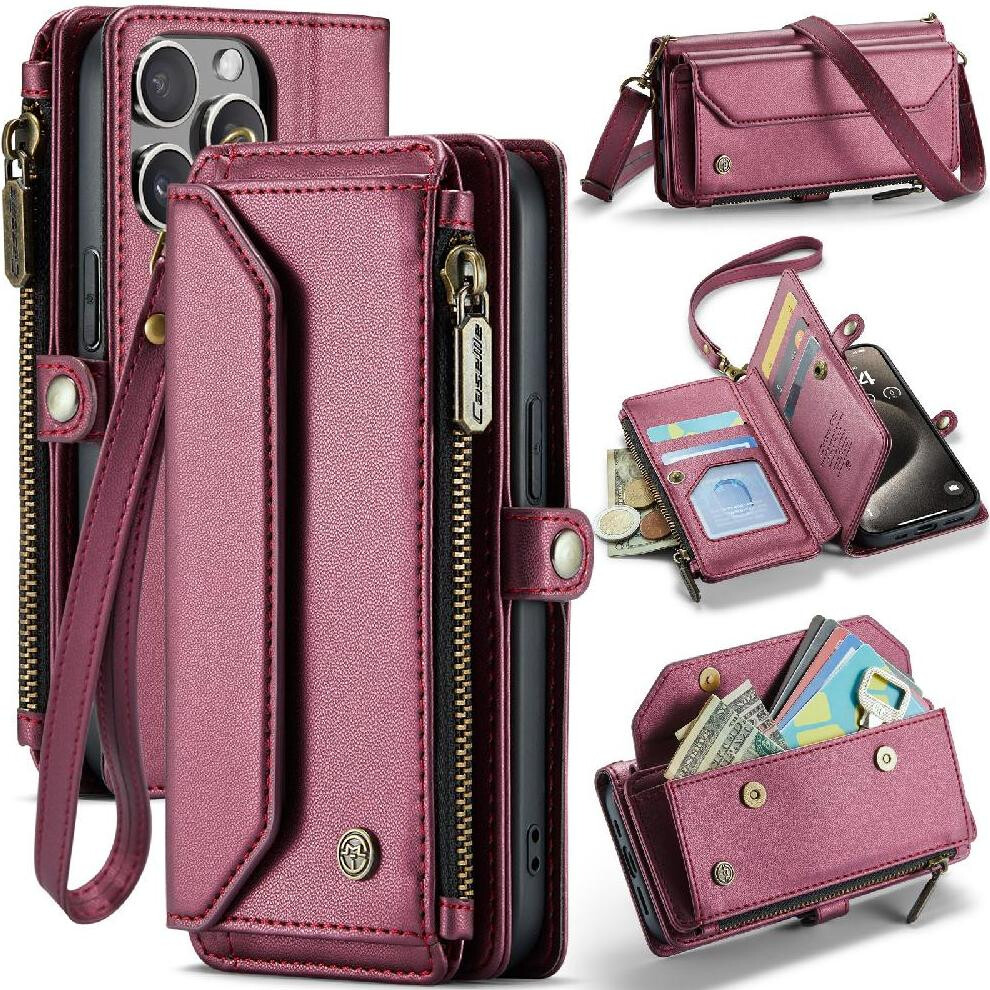 (Red) Crossbody Flip Case For Iphone 15 Promax Zipper Bills Slot Card Holder Case Wallet Rfid Blocking Red 764549470266