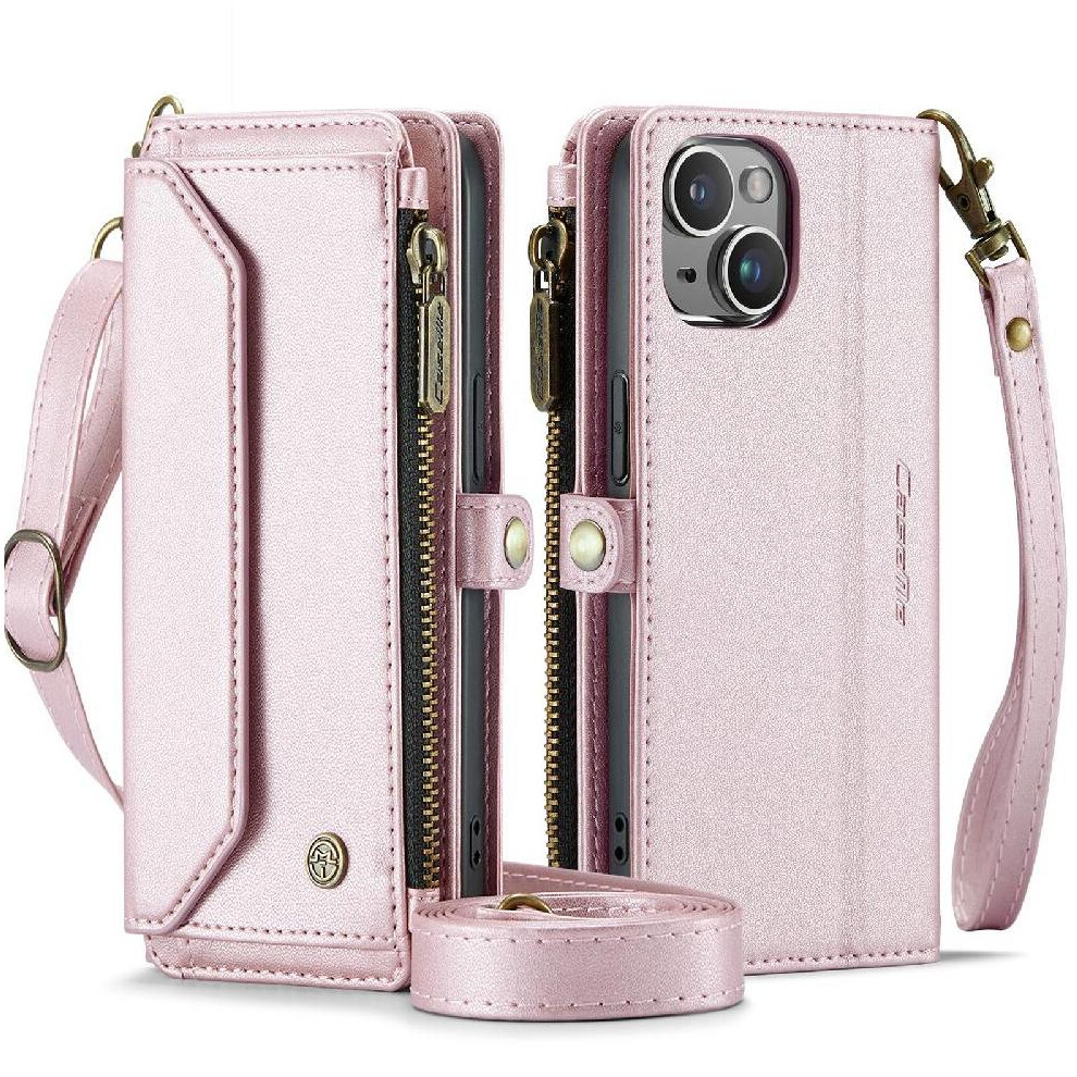 (Pink) Crossbody Flip Case For Iphone 14Plus Zipper Bills Slot Case Wallet Rfid Blocking Card Holder Pink 764549470327