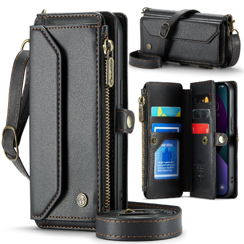 (Black) Crossbody Flip Case For Iphone 14Plus Zipper Bills Slot Case Wallet Rfid Blocking Card Holder Black 764549470297