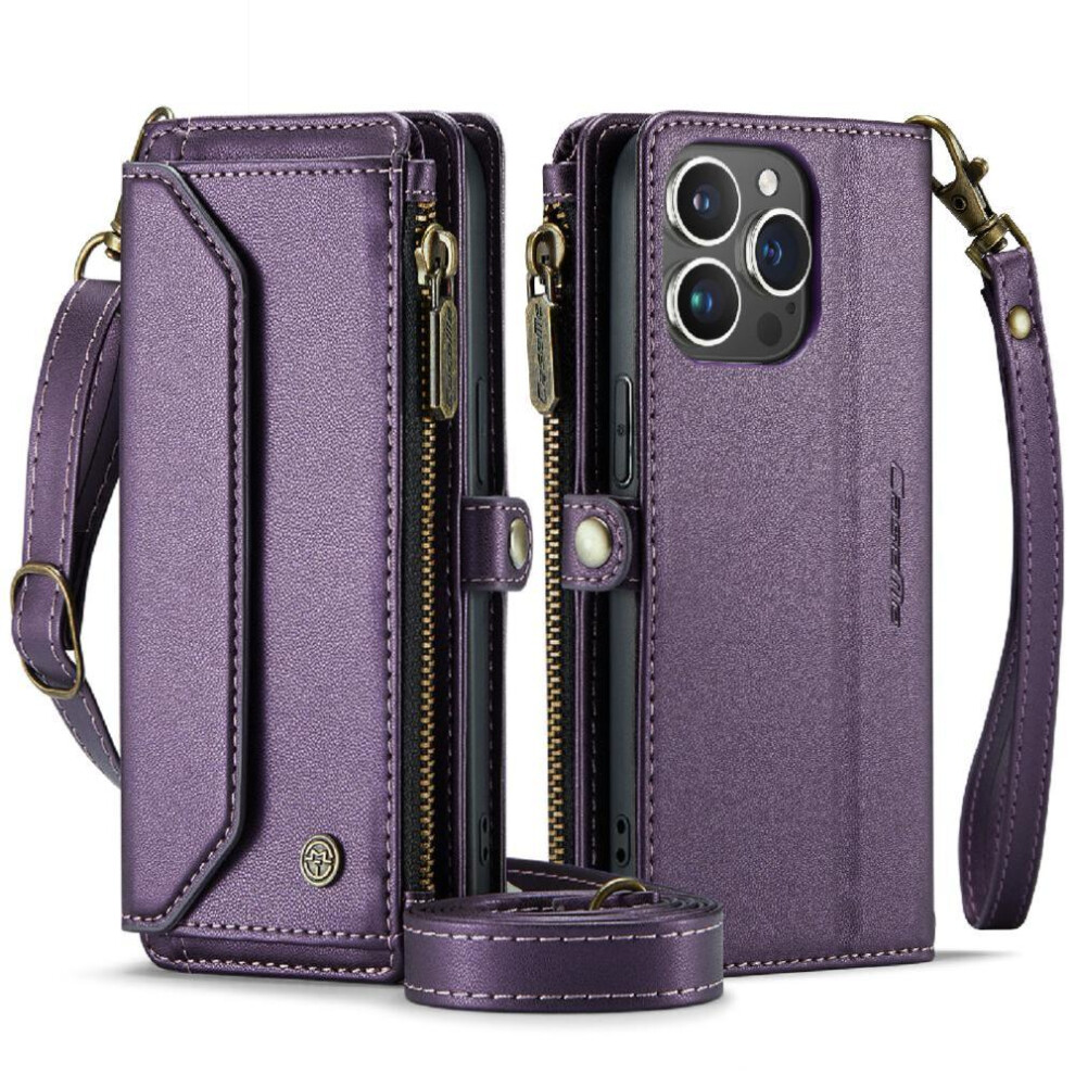 (Purple) Crossbody Flip Case For Iphone 14Pro Card Holder Zipper Bills Slot Rfid Blocking Case Wallet Purple 764549470358