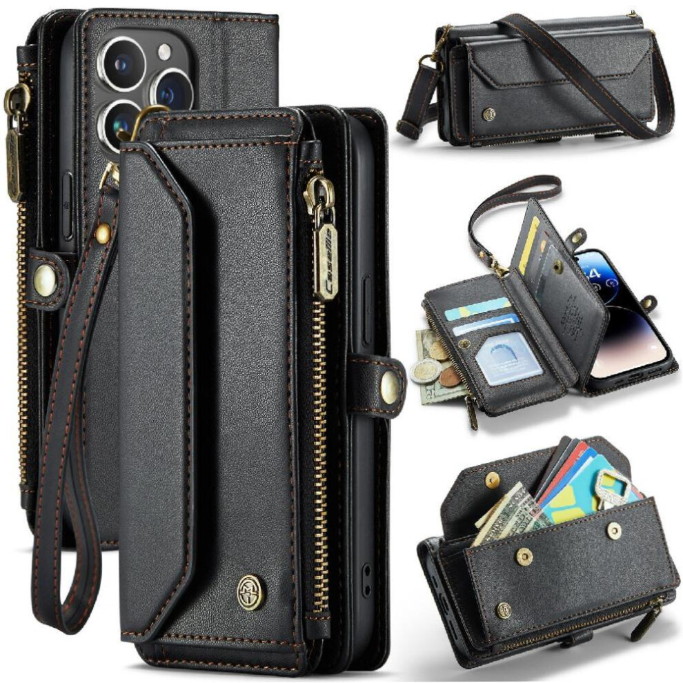 (Black) Crossbody Flip Case For Iphone 14Pro Card Holder Zipper Bills Slot Rfid Blocking Case Wallet Black 764549470341