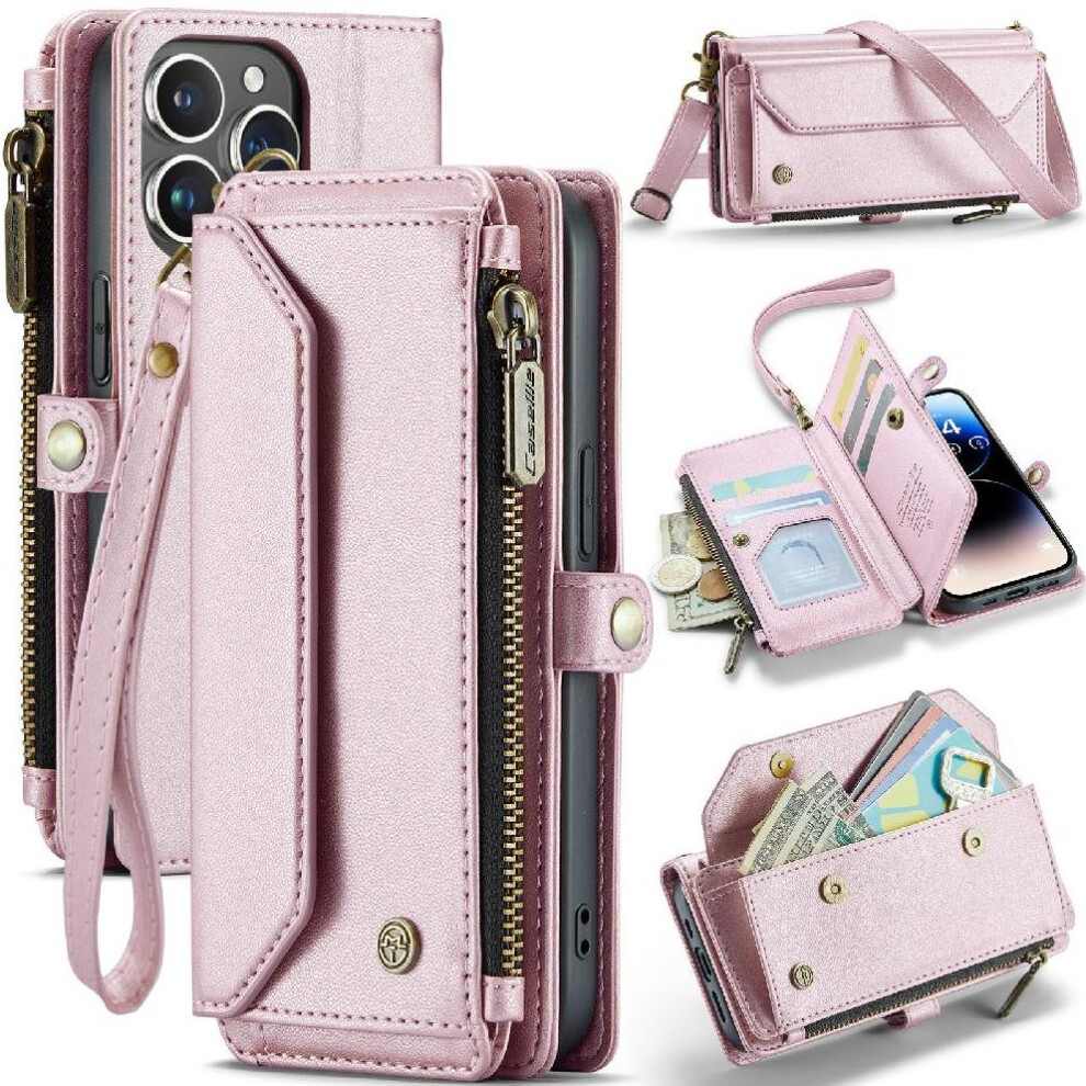 (Pink) Crossbody Flip Case For Iphone 14Pro Card Holder Zipper Bills Slot Rfid Blocking Case Wallet Pink 764549470372