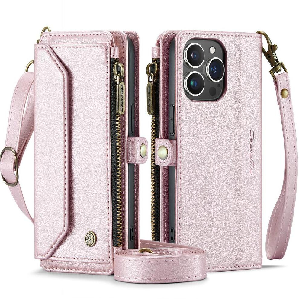 (Pink) Crossbody Flip Case For Iphone 13Pro Rfid Blocking Case Wallet Zipper Bills Slot Card Holder Pink 764549470426