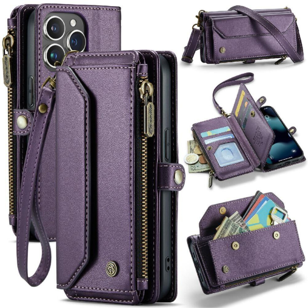 (Purple) Crossbody Flip Case For Iphone 13Pro Rfid Blocking Case Wallet Zipper Bills Slot Card Holder Purple 764549470402