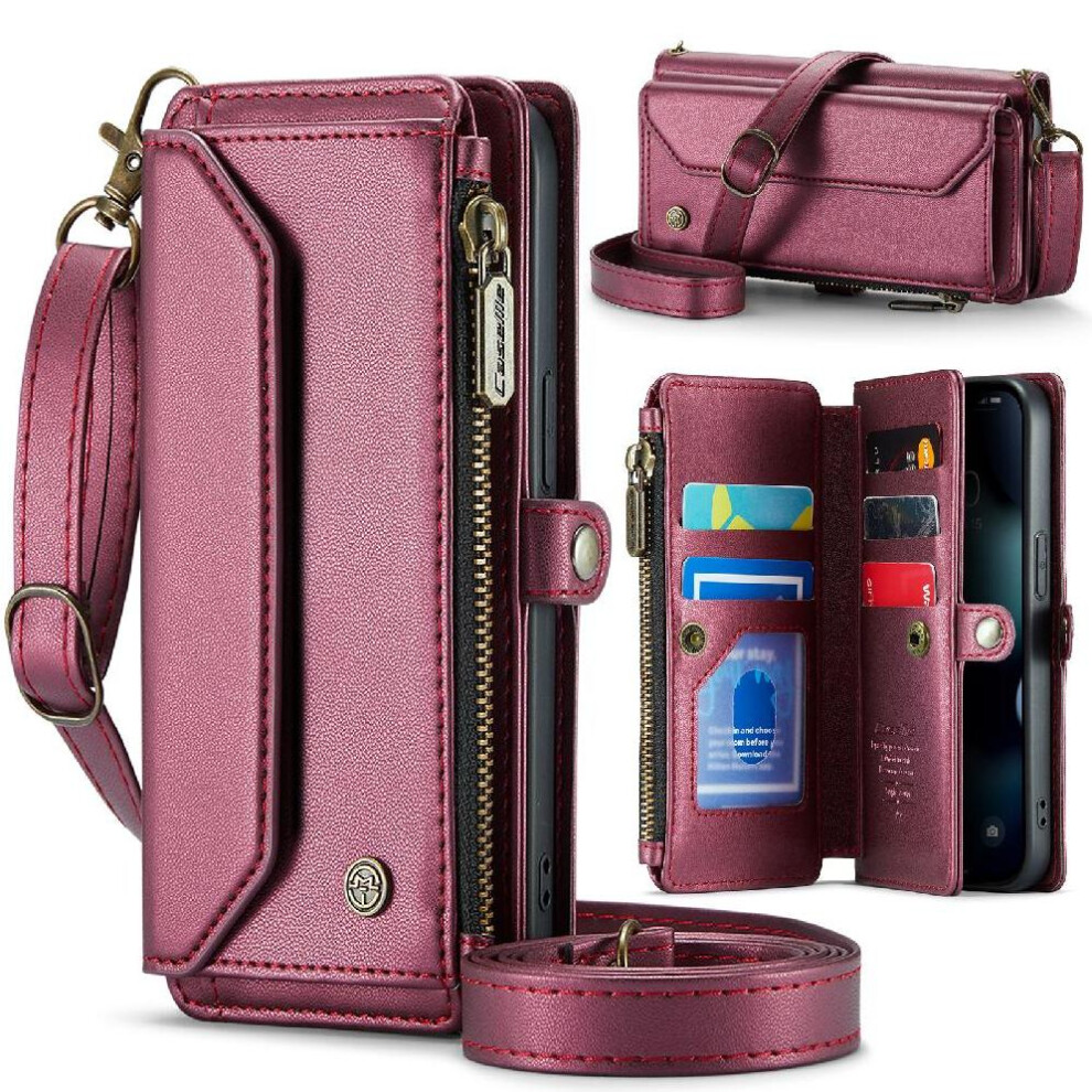 (Red) Crossbody Flip Case For Iphone 13Pro Rfid Blocking Case Wallet Zipper Bills Slot Card Holder Red 764549470419