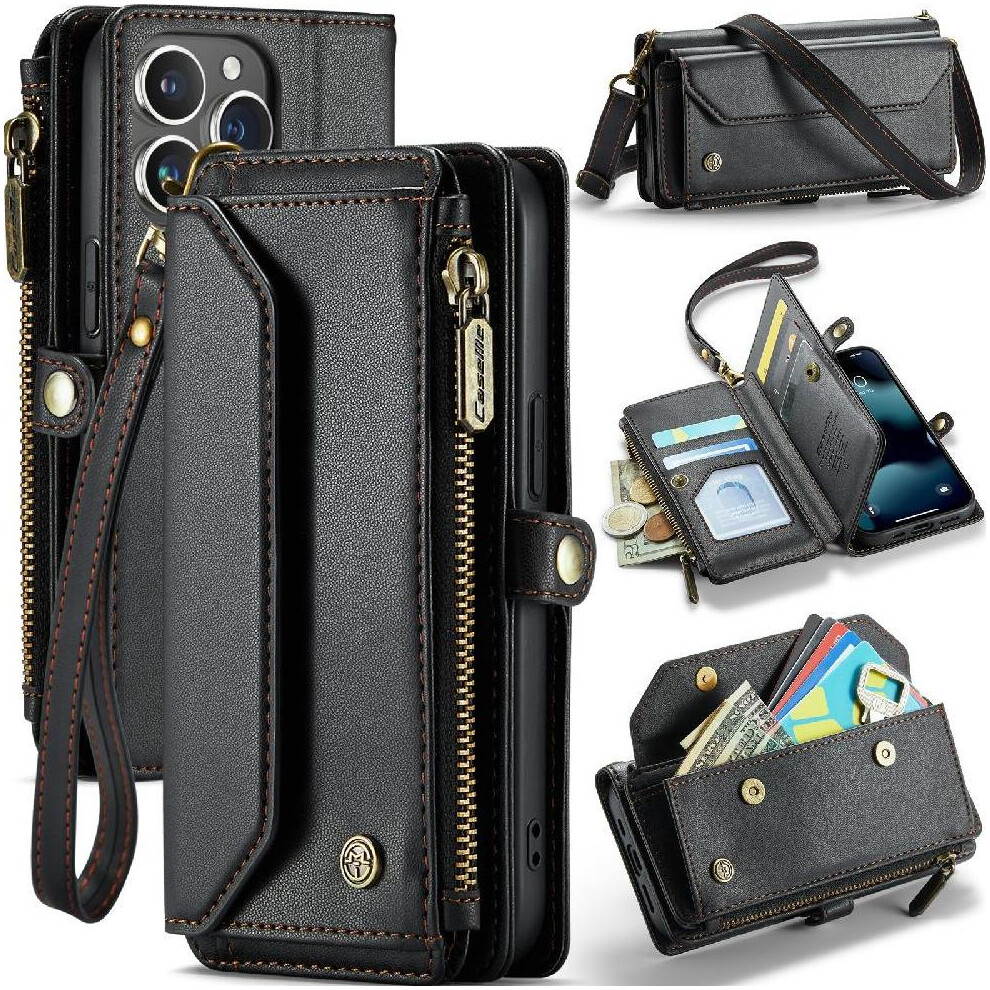 (Black) Crossbody Flip Case For Iphone 13Pro Rfid Blocking Case Wallet Zipper Bills Slot Card Holder Black 764549470396